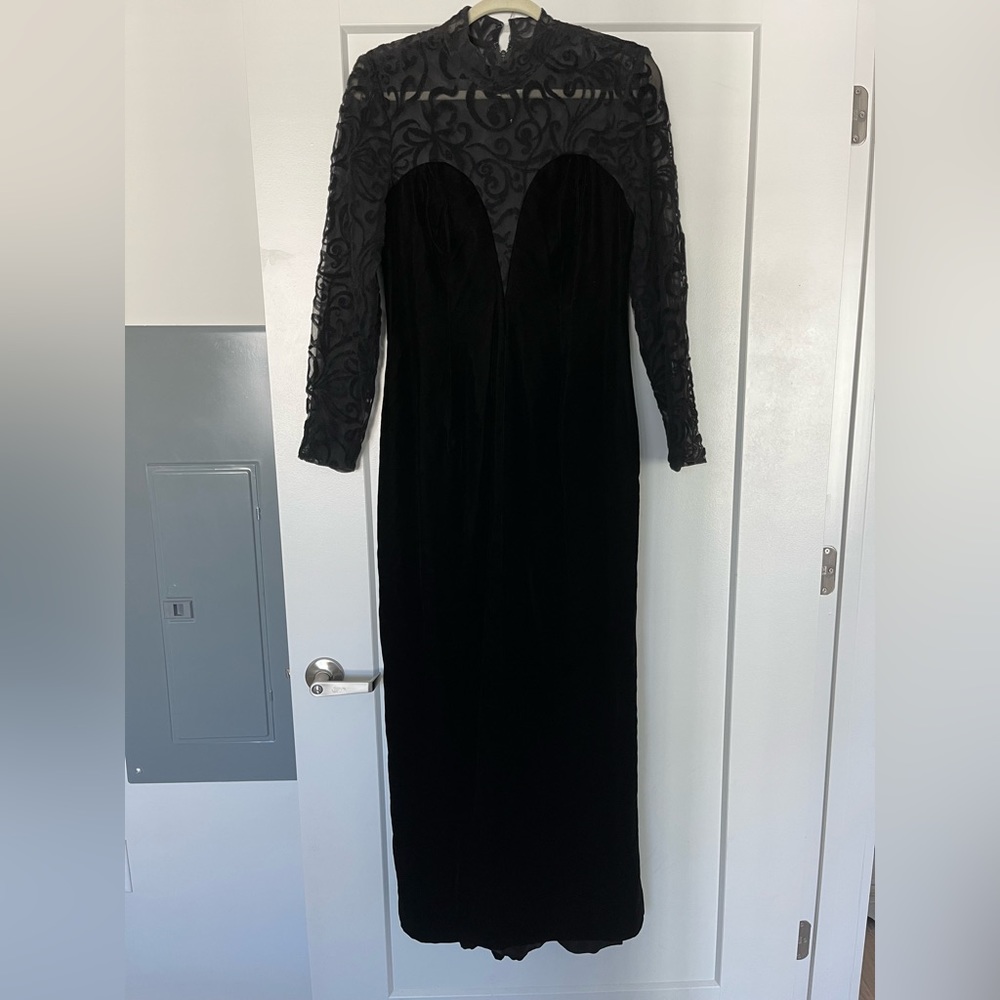 Cache long black velour and lace dress